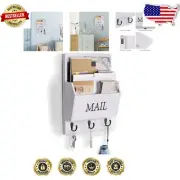 Antique White Rustic Mail Organizer with Key Holder and 3 Hooks for Wall Decor