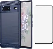 [Asuwish] Phone Case for Google Pixel 7 5G with Tempered Glass Screen Protector Cover and Cell Accessories Soft Slim Silicone Pixel7 Pixle Seven Pixel7case Protective Women Men Carbon Fiber Navy Blue