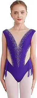 [YiZYiF] Kids Girls Rhythmic Gymnastics Leotard Tassel Sleeveless Figure Skating Dress Competition Costume Dancewear