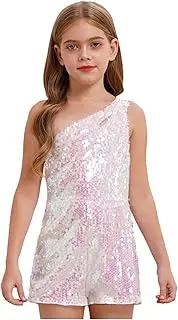 [Rswnyirn] Girl's Glitter Sequin One Shoulder Jumpsuit Sleeveless Rompers Dress Up Party Prom Dancewear