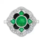 Art Deco Style Lab-Created Diamond Emerald Floral Ring For Her 14K White Gold FN