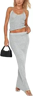 [LOFAAC] Women Sexy 2 Piece Outfits Y2K Sequin Glitter Knit Scoop Neck Crop Camisole Sparkly Long Maxi Shinning Skirt Set