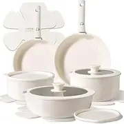 CAROTE 15pcs Pots and Pans Set, Ceramic Cookware With Detachable Handle, Induction Nonstick Kitchen Set, Removable Handle, RV Cookware, Oven Safe, Cream White