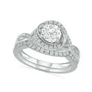 6.0mm White Lab-Created Sapphire Swirl Frame Twist Split Shank Bridal Engagement Ring Set in Sterling Silver