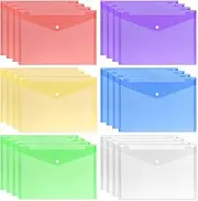 Mardatt 24Pcs Plastic Envelopes with Snap Button Closure Color Assorted Set, 6 Color Clear A4 Size, Letter Size, Waterproof Poly Document Folders Files Pocket Storage Holder for School