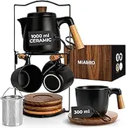 MIAMIO – 1000 ml Ceramic Tea Pot Set with Infuser/Tea Strainer, 4 Ceramic Tea Mugs (300 ml), Bamboo Saucers/Handle and Rack for Home and Office (Black)