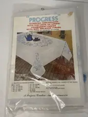 Progress Creation Stamped Tablecloth Cross Stitch Floral 50” Square Blue NIP