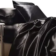 Queen Size Black Satin Sheet Set 4pc Bedding Bed Linen Luxury