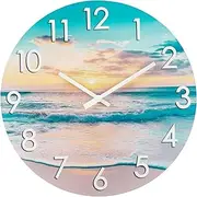 14 Inch Outdoor Clock, Waterproof Indoor/Outdoor Wall Clock with Beach Coastal Theme Large Glass Clock for Patio, Pool, Garden Decor -Blue