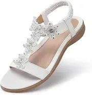 [TEMOFON] Flats Sandals for Women Dressy: Summer Elastic Ankle Strap Flat Sandals - Comfortable Beach Women, 26-white, 10