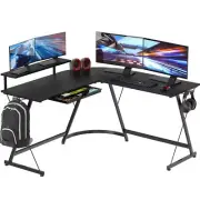 SHW Vista L-Shape Desk with Monitor Stand, Black w/ Monitor Riser
