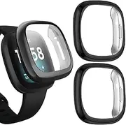 2 Pack TPU Case for Fitbit Versa 3 Screen Protector, Soft TPU Plated Bumper Full Around Electroplate Protective Cover Compatible with Fitbit Sense/Versa 3 Smartwatch (Black/Black)