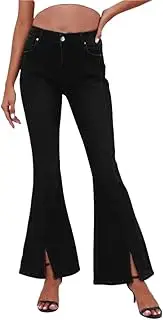 [RSBFK] Women's High Rise Embroidered Floral Flare Jeans Wide Leg Bell Bottoms Long Denim Pants Trousers