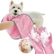 KUEIOX Dog Washing Gloves - Quick Drying Dog Towel,Cat Bath Grooming Gloves Brush with High-Density Teeth for Bathing Massaging，Absorbent Pet Bath Towel 30.3"x13.8" with Hand Pocket for Dog Cat (Pink)