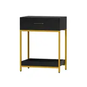 Bedside Table With Top Drawer & Bottom Tray - Black With Gold Trim