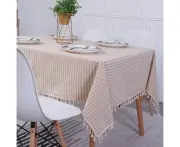 Tablecloth Rectangular Linen Look Stripes Tassel Tablecloth Wipeable Oil Resistant Stain Resistant Tablecloths Easy Care For Indoor Outdoor Garden