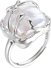 [HETICA] Irregular Pearl Ladies Silver Ring, Baroque Pearl Ring 925 Sterling Silver Ring, Fashion Statement Ring Suitable for Woman Girl's Daily Birthday Anniversary Valentine's Day Gift