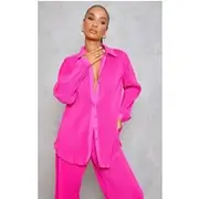 Hot Pink Plisse Button Front Oversized Shirt, Hot Pink