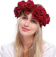 Lopsity Women's Rose Flower Crown Headband Polyester Material, Elastic Headband, Adjustable Size, for Wedding, Festival, Party, Photo Props (Red, 1 Count)