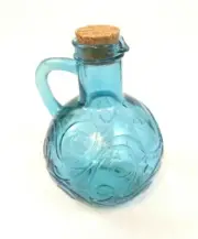 Glass Decanter Blue Aqua Pour Bottle Cork Handle 5 1/2" Tall 4" Wide Decor Love