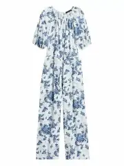Banana Republic Poplin Twist-Front Cropped Jumpsuit,Blue Floral SIZE 10T #626338