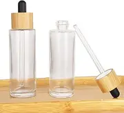 COSIDEA 6 PCS empty 60ml / 2 oz clear glass bottles with wood bamboo dropper lids for serum and essential oil, DIY cosmetics oils containers, travel perfume droppers bottle container