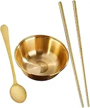 HOMOBABE 1Set Brass Bowl Cutlery Reusable Fruit Salad Serving Bowl with Chopsticks Spoon for Family Gatherings Parties and Restaurants Smooth Touch Design for Snacks