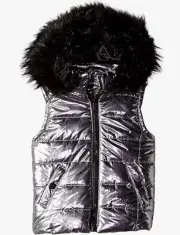 New Girl's Urban Republic Puffer Vest Metallic Gunmetal Black Fur Collar 10/12