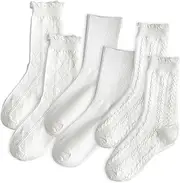 UTXN 6 Pairs White Frilly Socks, Frilly Socks Women, Frilly Socks, Women White Frilly Socks, for Girls Women for Daily Dance Party School (3 Styles)