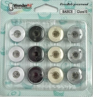 DecoBob - Pre-Wound Bobbins, 12 bobbins in White-Grey-Black-Cream by Wonderfil