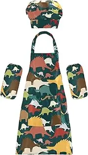 AIXIWAWA Kids Apron Chef Hat Set, Child Kitchen Bib Aprons Adjustable for Cooking Baking Painting (Colorful Dinosaurs)