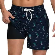 [Ausing] Men's Swimming Shorts Swim Trunks 2 in 1 Swim Shorts Casual Printed Beach Shorts Stretchy Quick Dry Board Shorts with Compression Liner Summer Surfing Shorts with Zipper Pockets S-XXL