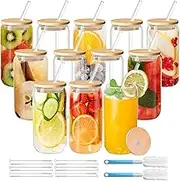 Drinking Glasses with Bamboo Lids and Glass Straw, 16oz Can Shaped Glass Cups, Beer Can Glasses, Iced Coffee Cups, Glass Tumbler with Straw, for Cocktail, Whiskey, Gift - Clear Glass Cup Set(12 Pack)