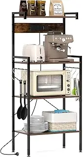 Giantex 4-Tier Kitchen Bakers Rack w/Power Outlet, Microwave Oven Stand w/ 8 S-Hooks, Heavy-Duty Metal Frame, Storage Organizer for Spices, Pots, and Pans