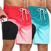 [ATOFY] Mens Swim Trunks with Compression Liner 7 Inch 2 Pack Swim Shorts 2 in 1 Quick Dry Board Shorts Beach Wear, Pink02+light Blue02, Large