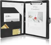 OFFCUP A4 Conference Folder, Leather Portfolio Folder, Multifunctional Foldover Document Resume File, Business Portfolio Organiser Document Bag with Clipboard File Sleeve Card Holder Pockets (Black)