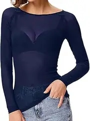 [Ysabeloom] Women's Sheer Tops Long Sleeve Mesh Sheer Top See Through Blouse Shirt