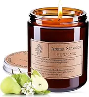KAPASKI Highly Scented Natural Wax Candle, 40 Hours Long Burning, Aromatherapy, 200g/7 Oz with Amber Glass, British Pear & Freesia Scent