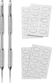 sourcing map 2pcs Cuticle Pusher Dual Sided, Metal Nail Cuticle Pusher Remover Tool with 40 Pcs 180/240 Grit Sandpaper Sheets for Manicure Pedicure Nail Art