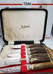 6 Six Serrated Antler Steak Knives Sheffield Wannamakers Stag Lot Set Vintage