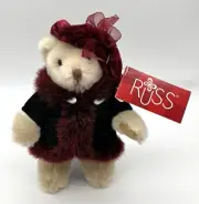 Russ Berrie “Natasha” the Teddy Bear in Fur Coat Small Plush w/ Stand