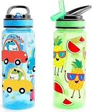 Home Tune 23oz Kids Water Drinking Bottle - BPA Free, Flip Straw Lid Cap, Lightweight, Carry Handle, Leak-Proof Water Bottle with Cute Design For Girls & Boys - 2 Pack Dinosaur & Fruit