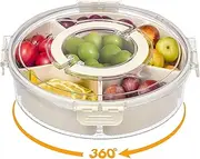 LOYOBOHO Rotatable Round Serving Tray With Lid and Handle, 6 Compartments Portable Snackle Container, Platter for Fruits Candy Nuts Snacks Organizer
