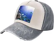 [YANYU] Shark Swimming Under The Sea Print Fashion Washed Distressed Baseball Cap Vintage Adjustable Hat with Classic Brim, Gray, One Size