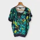 Klass Sz L T Shirt Tee Tunic Top Navy Blue Teal Green Tropical Leaf Jersey NEW