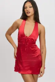 Red Halter Neck Dress Mini Satin - Size 16XL, Women's Skater Dress