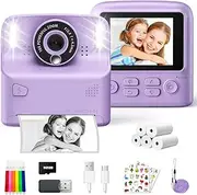 PHNIXGAM Kids Instant Print Camera with 2 Flash Lights, Children Selfie Digital Camera with 2.4 Inch Screen, 32GB Card, 5 Rolls Print Paper for Age 3-12 Girls Boys Toy Gifts Travel (Purple)