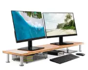 Large Dual Monitor Stand for Computer Screens Solid Bamboo Supports Natural