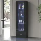 Oikiture Display Cabinet Buffet Sideboard LED Light High Gloss Cupboard Black