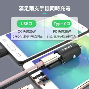 【Philips 飛利浦】DLP3520C 30W PD+QC USB/Type-C 迷你車充(10000mAh PD行動電源組合)